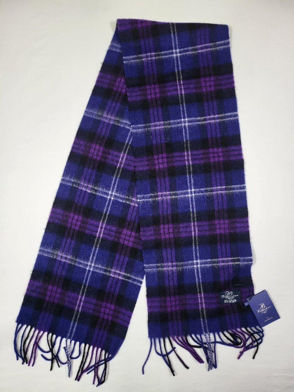 NWT Ballantrae Edinburgh 100% Lambswool Plaid Scarf Purple Blue Scotland Fringe